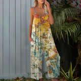 Női széles szárú jumpsuit, spagettipántos, nyomott mintával