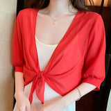 🌟 49% KEDVEZMÉNY! ⏰ Női áttetsző sifon crop felső – Elegáns megkötős dizájn – Ideális nyári rétegezéshez 🍃