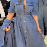 Női kék, slim fit galléros gombos farmerruha