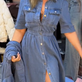 Női kék, slim fit galléros gombos farmerruha