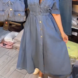 Női kék, slim fit galléros gombos farmerruha