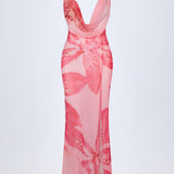 Cowl-Neck Maxi Dress with Hardware Details in Orchid Pink Print