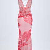 Cowl-Neck Maxi Dress with Hardware Details in Orchid Pink Print